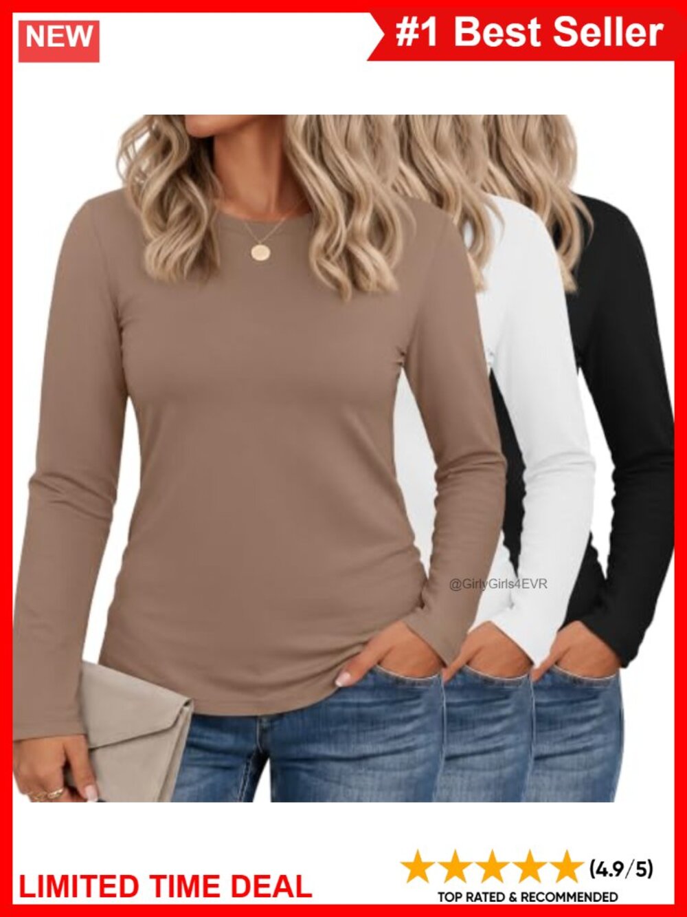 Plus Size Long Sleeve Crew Neck T-Shirts 3 Pack Cotton Blend Slim Fit Tops